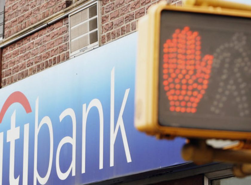 Pedestrian signals can be seen outside of a Citibank branch in New York